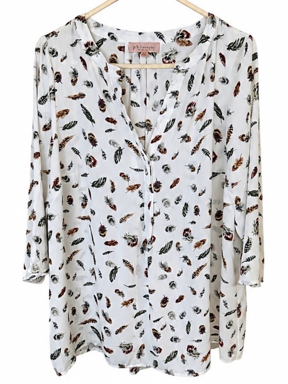 Philosophy Feather Print Blouse Women’s 1X White 3/4 Sleeve Boho Top